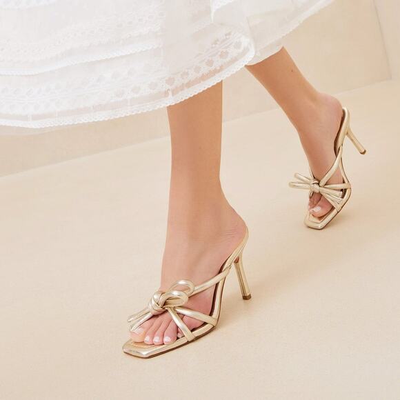 Loeffler Randall Margi Champagne Bow Heels Sandals Strappy Gold Size 11 Preowned - Picture 1 of 12
